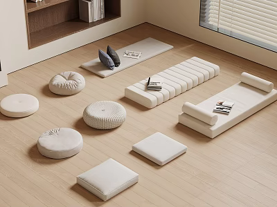 Minimalist Indoor Seating With White Floor Cushions Bench And Natural Light 3d model