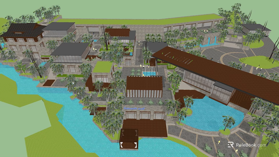 Scenic Clubhouse Featuring Modern Buildings Water Ponds Lush Palm Trees and Courtyard 3d model 