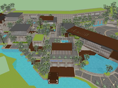 Scenic Clubhouse Featuring Modern Buildings Water Ponds Lush Palm Trees and Courtyard 3d model