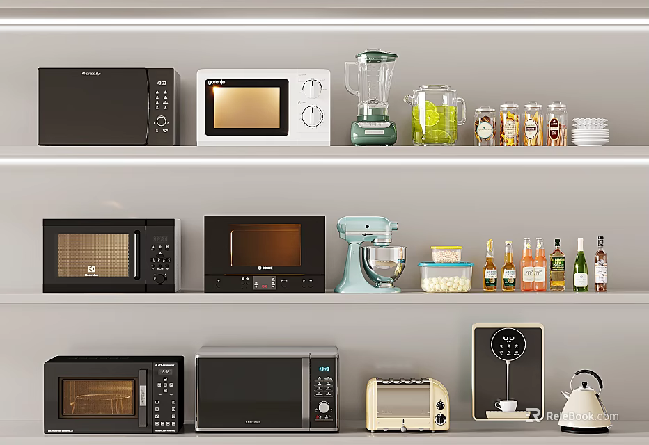 Modern Kitchen Storage Shelves With Various Microwaves Blender Toaster Kettle Dishes And Bottles 3d model 