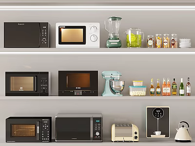 Modern Kitchen Storage Shelves With Various Microwaves Blender Toaster Kettle Dishes And Bottles 3d model