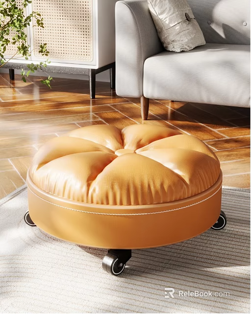 Round Orange Leather Ottoman with Stitched Surface and Wheels on Wooden Floor 3d model 