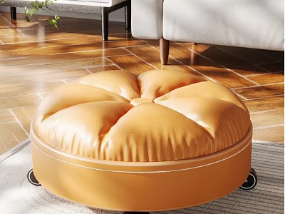 Round Orange Leather Ottoman with Stitched Surface and Wheels on Wooden Floor 3d model