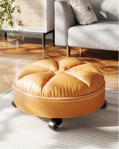 Round Orange Leather Ottoman with Stitched Surface and Wheels on Wooden Floor 3d model