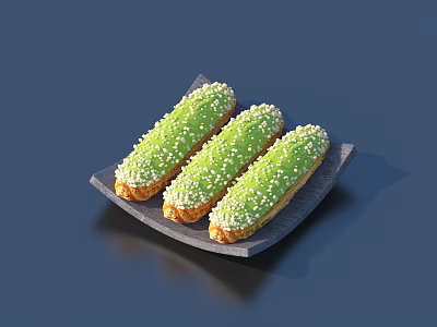 Three Delicious Green Frosted Eclairs With White Sprinkles On Dark Plate 3d model