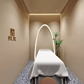 SPA Sauna Lobby Interior With Marble Reception Desk Red Beige Shelves And Green Plant