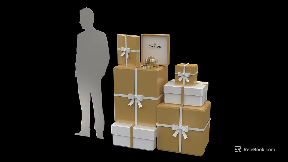 Elegant CARINA Lifestyle Gift Boxes with Gold White Design Ribbons and Person Silhouette 3d model 
