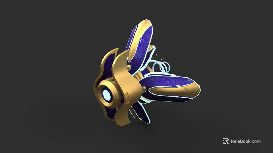 Golden And Purple Electronic Device With Glowing Circular Component And Wing Like Structure 3d model 
