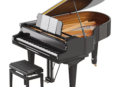 Black Grand Piano With Music Sheet And Stool For Musical Instrument Use 3d model