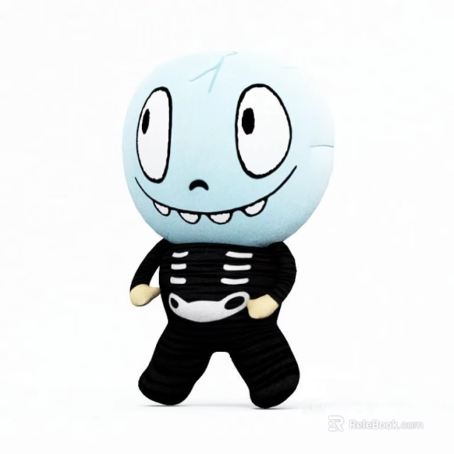 Cute Light Blue Plush Toy With Big Eyes Smiling Mouth Teeth And Black Skeleton Clothes 3d model 