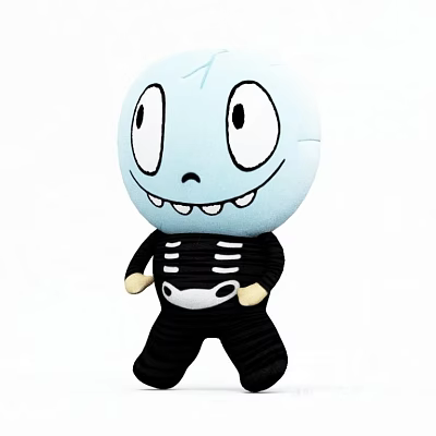 Cute Light Blue Plush Toy With Big Eyes Smiling Mouth Teeth And Black Skeleton Clothes 3d model