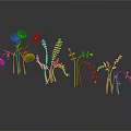 Cartoon Scene With Golden Plants Various Grasses And Flowers Metallic Texture Black Background And Reflections