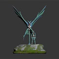 Blue Mythical Winged Creature With Intricate Patterns And Humanoid Character Standing On Rock Platform