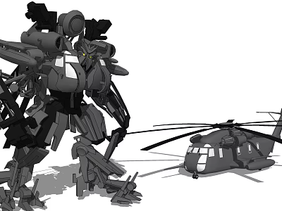 Detailed Giant Mecha Robot With Weapon Systems Standing Near Military Helicopter 3d model