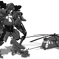 Detailed Giant Mecha Robot With Weapon Systems Standing Near Military Helicopter
