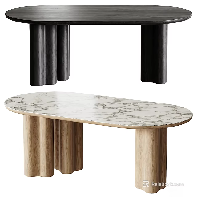 Modern Minimalist Tea Table And Chairs With Oval Marble Top And Wooden Legs 3d model 