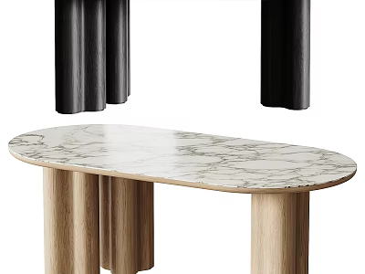 Modern Minimalist Tea Table And Chairs With Oval Marble Top And Wooden Legs 3d model