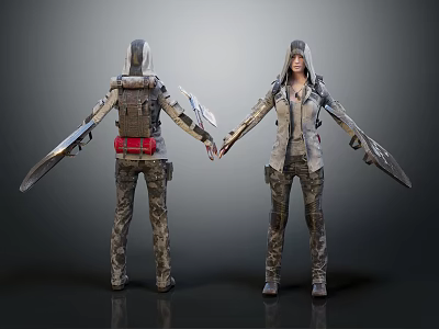 Tactical Hooded Characters With Backpacks Weapon Like Arms Camouflage Pants Front Back View Design 3d model