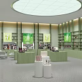 Green Interior Specialty Store With Display Shelves Round Counters White Chairs And Green Plants