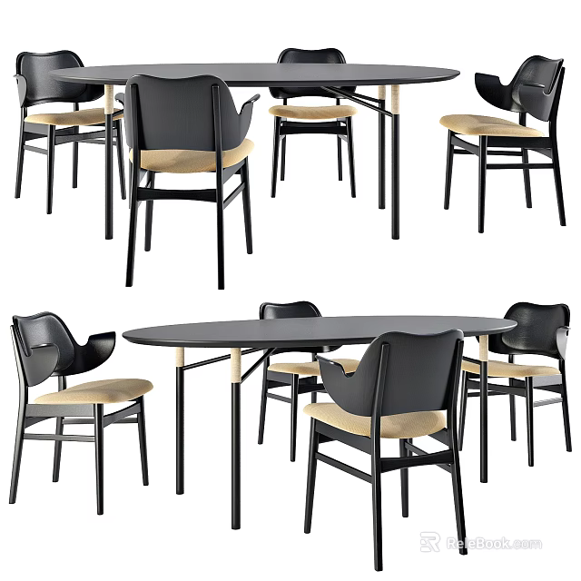 Modern Dining Table Set With Black Frame Chairs And Beige Seats 3d model
