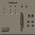 Multiple Modern Wall Hooks with Hanging Handbag Scarf and Wooden Metal Accents