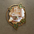 Round Mirror With Golden Frame And Green Leaf Decorations Reflecting Bedroom Bed And Nightstand