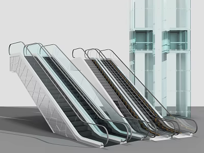 Modern Escalators Design With Glass Railing And Metal Structure In Building 3d model