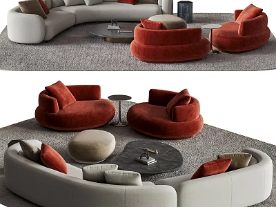 Modern Stylish Sofa And Coffee Table Set With Red Beige Couches Round Tables And Pillows 3d model