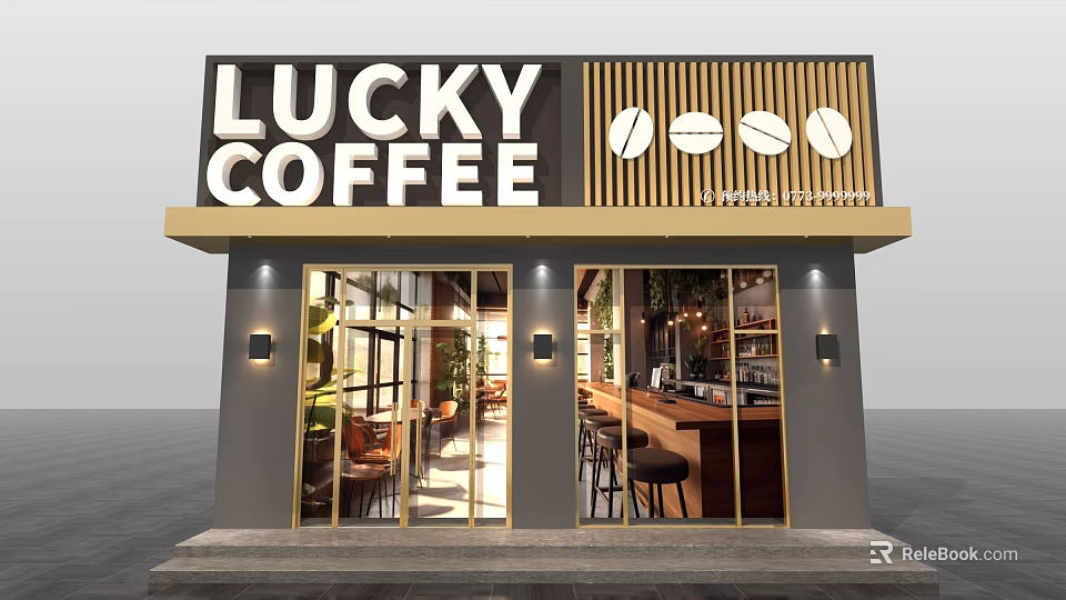 Lucky Coffee Shop Modern Facade With Signboard Coffee Bean Motifs And Glass Doors 3d model 