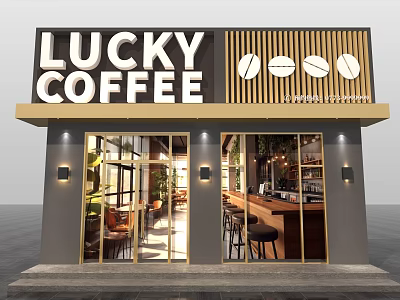 Lucky Coffee Shop Modern Facade With Signboard Coffee Bean Motifs And Glass Doors 3d model