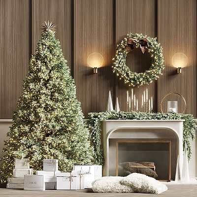 Christmas Decorative Ornament Set with Christmas Tree Wreath Fireplace Candles and Gift Boxes 3d model