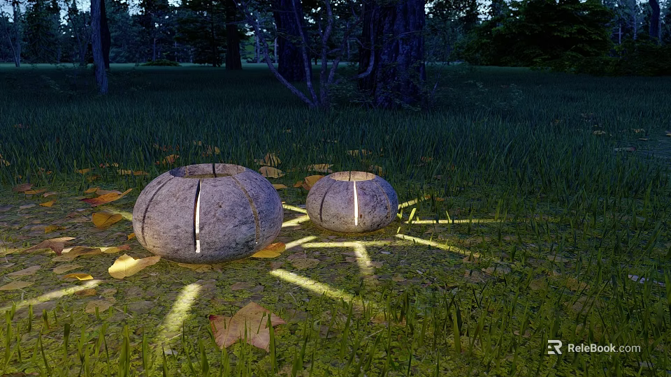 Round Stone Outdoor Lights Glowing On Garden Lawn With Autumn Leaves And Light Projection 3d model 