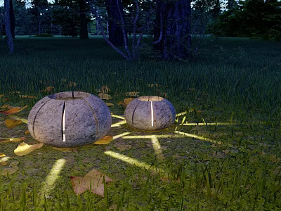 Round Stone Outdoor Lights Glowing On Garden Lawn With Autumn Leaves And Light Projection 3d model