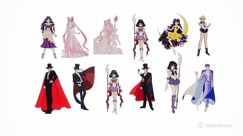 Multiple Anime Characters In Colorful Costumes With Various Poses And Accessories 3d model 