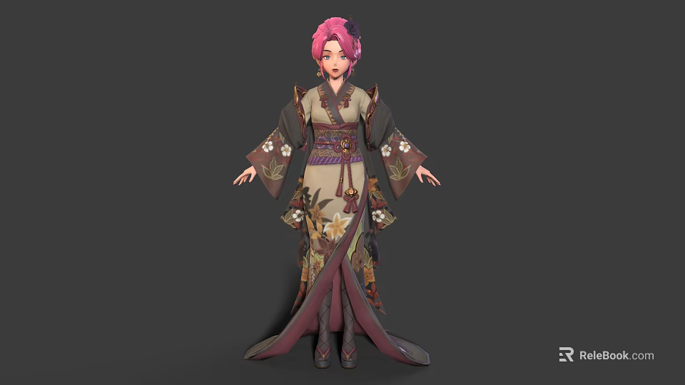3D Rendered Pink Haired Female Character In Traditional Kimono With Decorative Patterns And Sash 3d model 