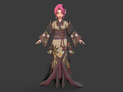 3D Rendered Pink Haired Female Character In Traditional Kimono With Decorative Patterns And Sash 3d model