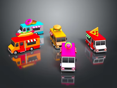 Colorful Mini Food Buses With Donut Hot Dog And Pizza Icons On Black Surface 3d model