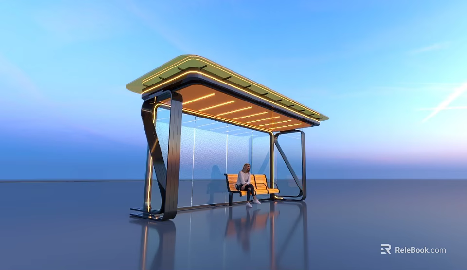Modern Bus Shelter With Green Roof Orange Bench And Glass Panels As Photo Spot 3d model 