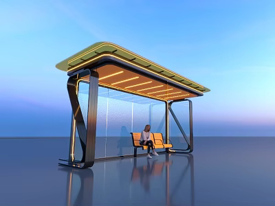 Modern Bus Shelter With Green Roof Orange Bench And Glass Panels As Photo Spot 3d model