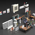 Organized Office Desk Setup with Ergonomic Chair Stationery Bookshelf and Potted Plant in Workspace