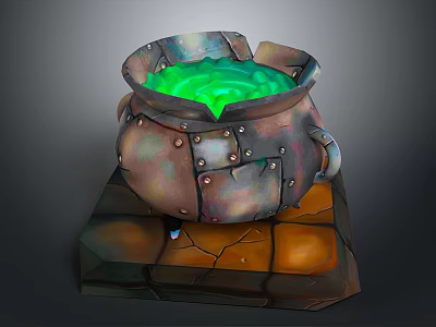 Old Rusty Metal Cauldron Filled With Green Liquid On Cracked Brick Base 3d model