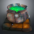 Old Rusty Metal Cauldron Filled With Green Liquid On Cracked Brick Base