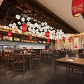 Traditional Chinese Restaurant Interior With Wooden Ceiling Red Drums Wine Racks Counter And Chandeliers