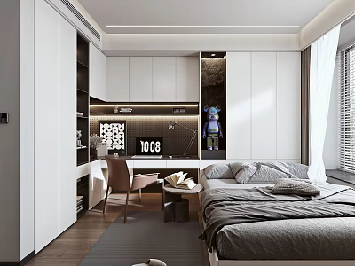 Modern Tatami Bedroom Interior with Built in Desk Storage Cabinets and Cozy Bed 3d model