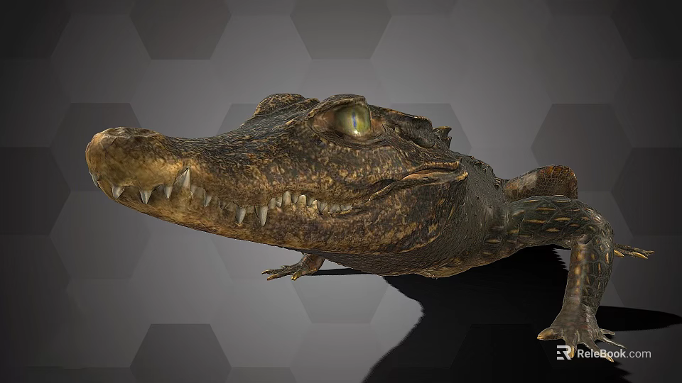 Realistic Crocodile Figure With Green Eyes Sharp Teeth And Scaly Skin On Hexagonal Background 3d model 