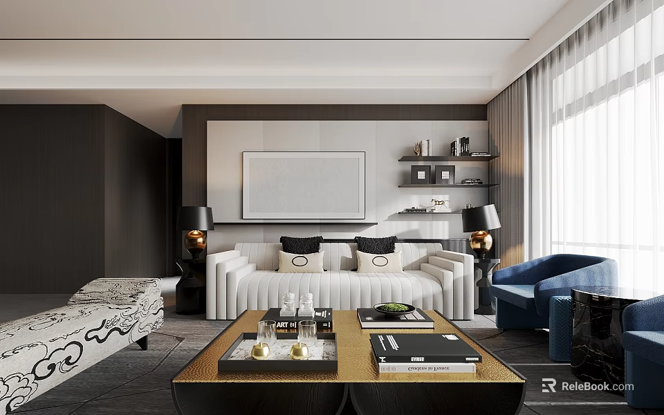 Modern Living Room Interior With White Sofa Blue Armchair Black Coffee Table And Wall Art 3d model 