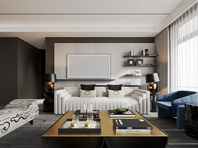 Modern Living Room Interior With White Sofa Blue Armchair Black Coffee Table And Wall Art 3d model