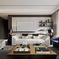 Modern Living Room Interior With White Sofa Blue Armchair Black Coffee Table And Wall Art