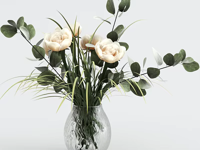 Elegant Transparent Glass Vase With White Flowers Green Leaves And Slender Grass 3d model