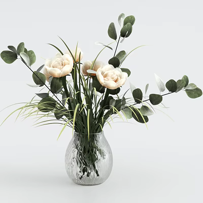 Elegant Transparent Glass Vase With White Flowers Green Leaves And Slender Grass 3d model